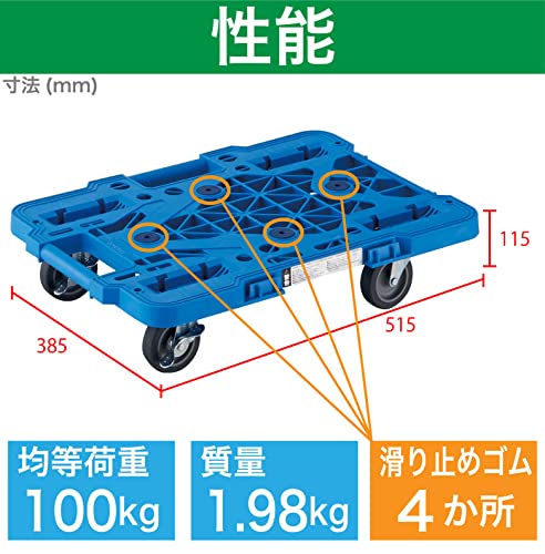 TRUSCO 樹脂製平台車 ルートバンメッシュタイプ 515X385 4輪自在 ストッパー付 青