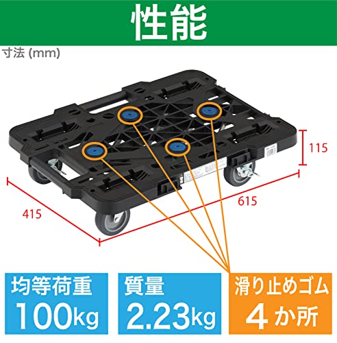 TRUSCO 樹脂製平台車 ルートバンメッシュタイプ 615X415 4輪自在 ストッパー付 黒