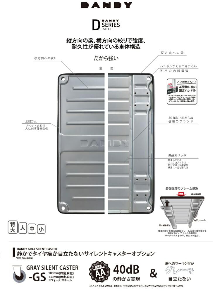 ダンディ スチール台車 ダンディDシリーズ タイプDH 固定ハンドル式 サイレントキャスター仕様 W800×D500