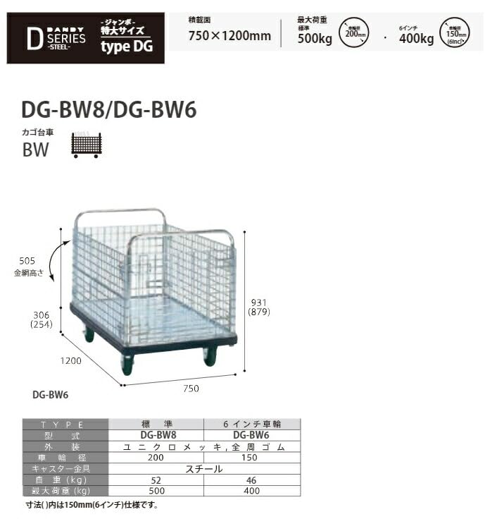 ダンディ スチール台車 ダンディDシリーズ タイプDG カゴ台車 6インチキャスター仕様 W1200×D750