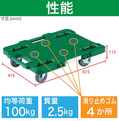 TRUSCO 樹脂製平台車 ルートバン 400X600 4輪自在 ストッパー付 緑