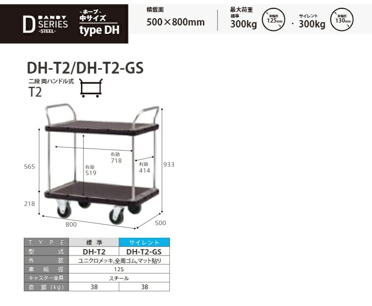 ダンディ スチール台車 ダンディDシリーズ タイプDH 2段テーブル両ハンドル式 W800×D600