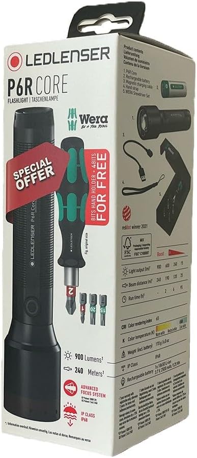 Ledlenser(レッドレンザー) P6R Core + Wera(ヴェラ) スクリュードライバー 特別セット LEDフラッシュライト ドライバー プラスドライバー トルクスドライバー USB充電式 503028 [日本正規品] black
