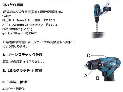 マキタ 充電式ドライバドリル 10.8V差込式 最大トルク22N・m 1.3Ah （本体・バッテリBL1013×2・充電器・ケース付）