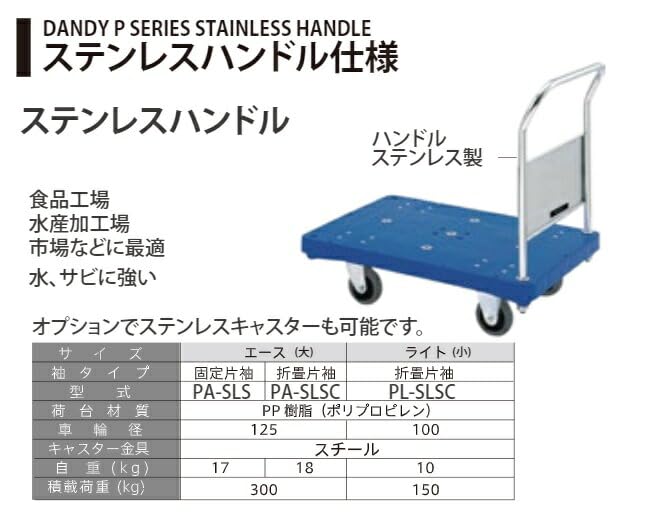 ダンディ プラスチック台車 ダンディPシリーズ タイプPA 固定ハンドル式 ステンレスハンドル仕様 W905×D605