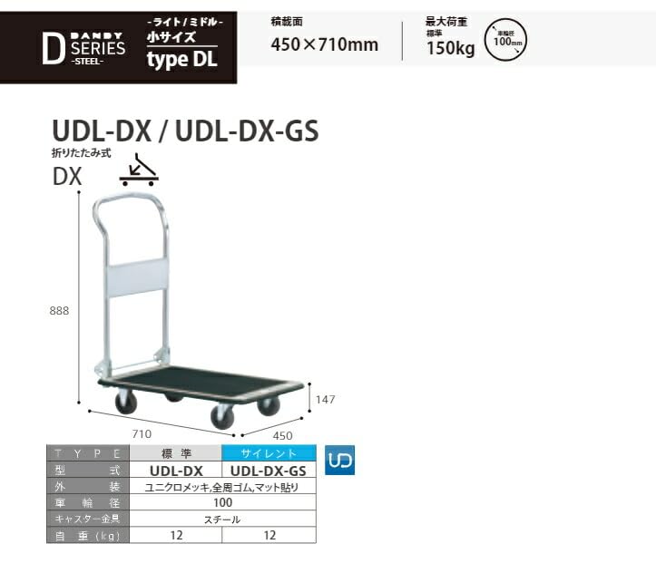 ダンディ スチール台車 ダンディDシリーズ タイプDL 折りたたみハンドル式 サイレントキャスター仕様 W710×D450