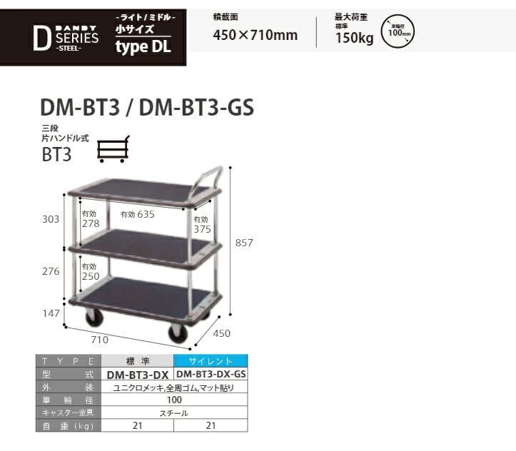 ダンディ スチール台車 ダンディDシリーズ タイプDL 3段テーブル片ハンドル式 サイレントキャスター仕様 W710×D450