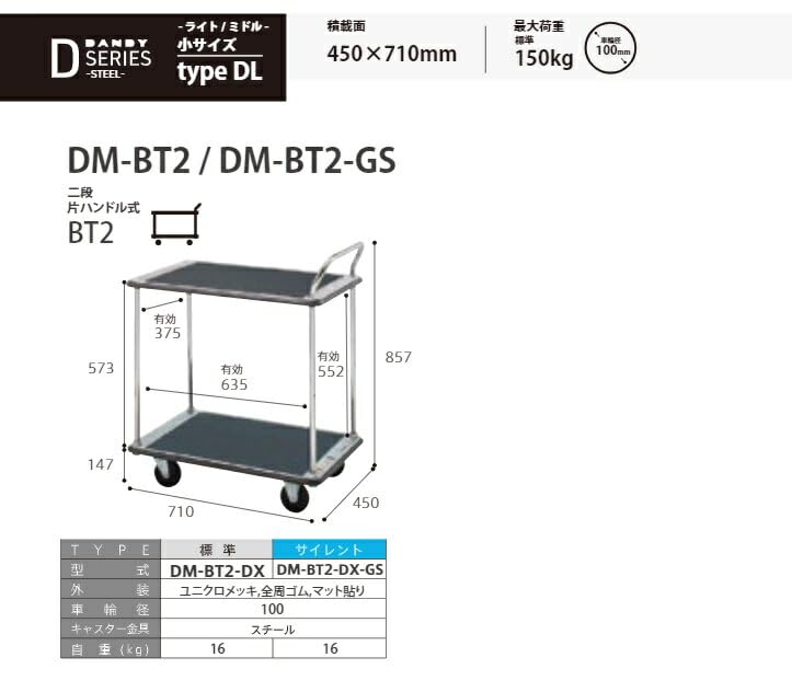 ダンディ スチール台車 ダンディDシリーズ タイプDL 2段テーブル片ハンドル式 サイレントキャスター仕様 W710×D450